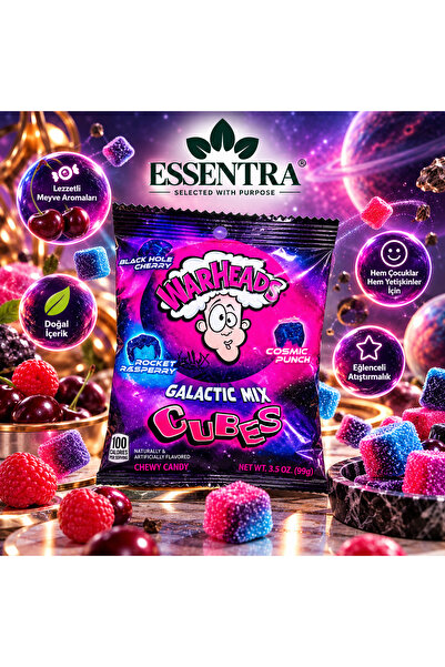 Essentra Home Warheads Galactic Mix Cubes 99 g – Karışık Meyve Aromalı Yumuşa...