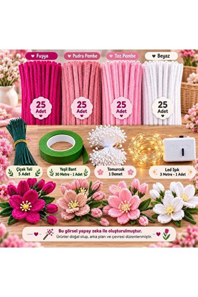C&A&B KUZEY AVİZE Şönil Yapım Kiti Full Set | 100 Adet Şönil + 30 cm Çiçek Te...