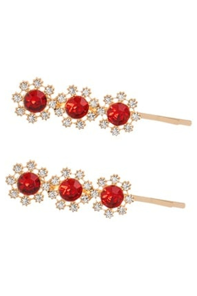 OEM Agrafe Par de Craciun Aurii Fulgi cu Strass & Piatra Rosie 6.5cm - 2buc