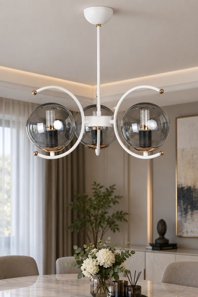 MŞ Aydınlatma Calista Beyaz Gold 3 Füme Camlı Avize