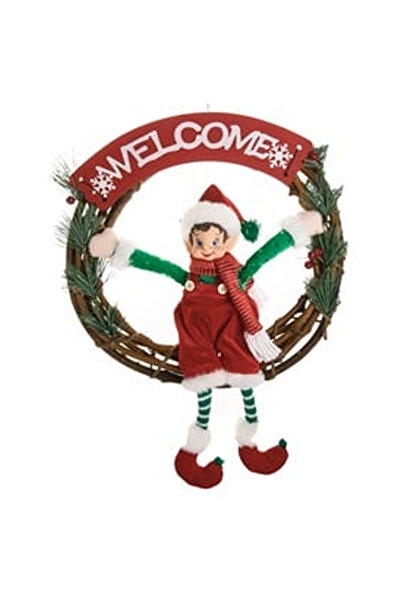OEM Coronita din Lemn Decorativa de Craciun cu Spiridus "Welcome"" Ø33cm"