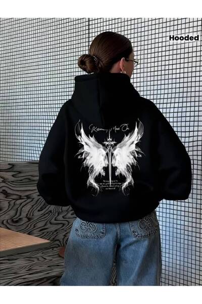 Minga London Siyah Kelebek Sırt Baskılı Oversize Kapüşonlu Sweatshirt