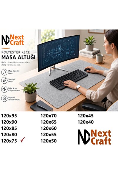 Next Craft Masa Koruyucu Mouse Pad Büyük Keçe Oyuncu Matı 3mm Açık Gri Renk 1...