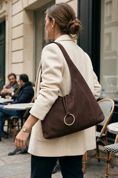 Adelina Bags Pachet de 2 genți Geantă de umăr casual din piele intoarsa, cu fermoar, model lat, 2 piese