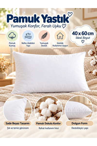 %100 Pamuk Dolgulu Yastık 40x60 cm Beyaz Doğal Uyku Yastığı