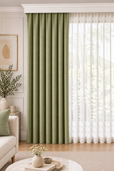 BURCIN HOME 1/3 Sık Pileli Fon Perde Adaçayı (Sage Green) 100x250 cm (260/270...