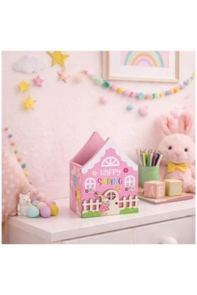 OEM Cos Decorativ de Paste din Lemn Roz cu Model Casa Iepure "Happy Spring"" ...
