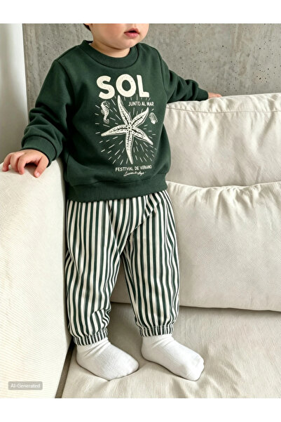 MTL %100 Pamuklu Haki Sweatshirt Çizgili 2'li Erkek Bebek&Çocuk Takımı