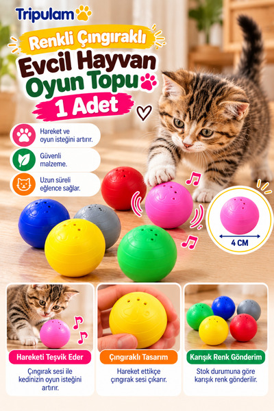 TRİPULAM Çıngıraklı Sesli Kedi Oyun Topu 1 adet 4 cm – Sesli Renkli Top Evcil...
