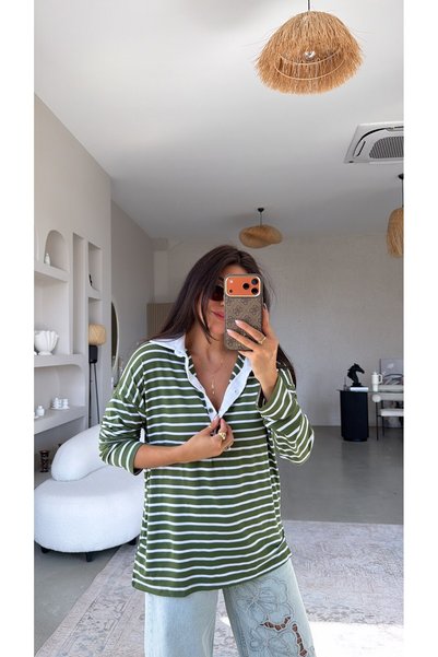 Buket Teke Khaki Striped Collared Slim Long Sleeve Basic
