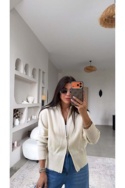 Buket Teke Taş Rengi Çift Fermuarlı Basic Hırka