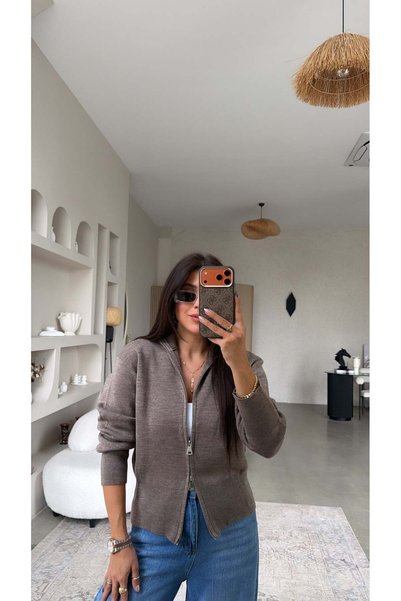 Buket Teke Brown Double Zipper Basic Cardigan