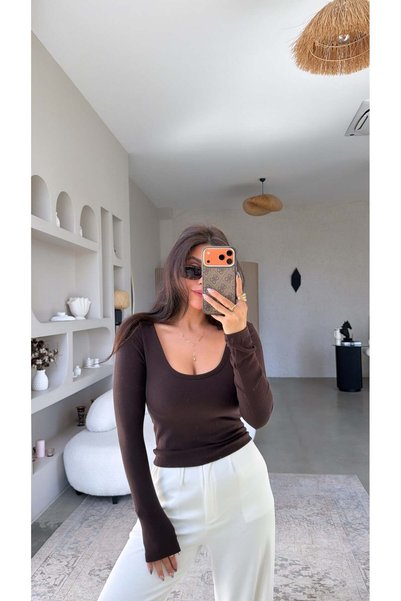 Buket Teke Brown Globlu Long Sleeve Bra Free Basic Blouse