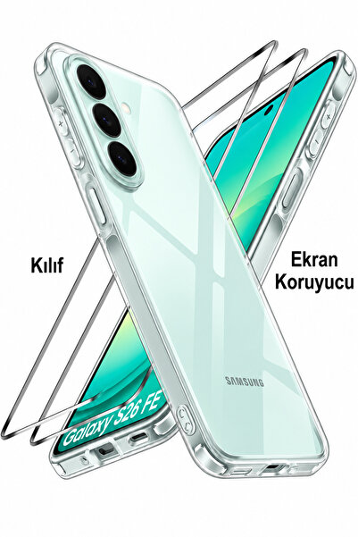 Fibaks Galaxy S26 FE Kılıf ve Ekran Koruyucu Kırılmaz Cam Şeffaf Kamera Korum...