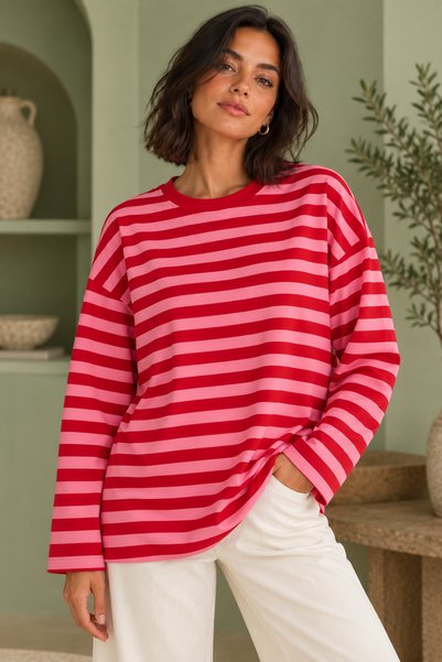 Miss Allos Women's Pink Burgundy Striped Crew Neck Oversize Sweatshirt