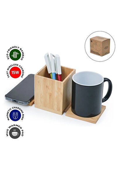 MAXPRINT Foldable Bamboo Fast Wireless Charging Pad 15W with Mug Warmer and P...