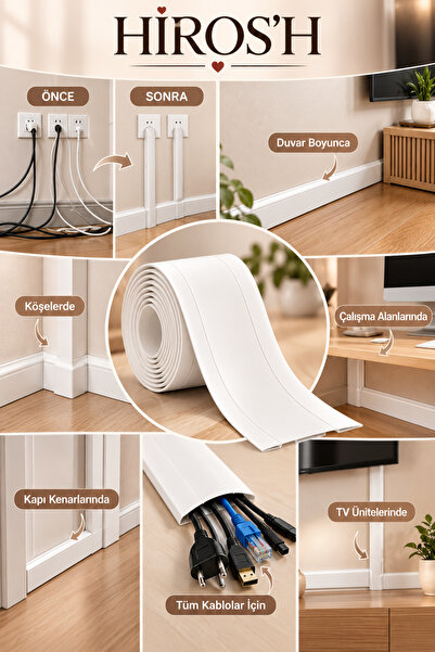HİROS'H Kablo Gizleme Bandı Rulosu Kablo Kanalı 3 Metre Kendinden Yapışkanlı Kablo Gizleme Ve Kablo Düzenleyici Organizer