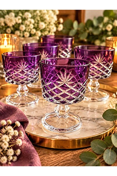 CASA DE BELLA Crystal Cut Glass Ice Cream Cup for 6 People - Purple