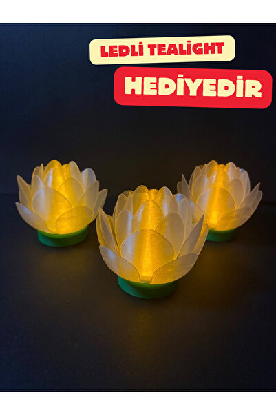 3'lü Lotus Tealight Led Mumluk Dekoratif Gece Lambası Masa Üstü Hediyelik Obje