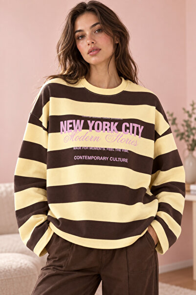 Miss Allos Kadın %100 Pamuk Sarı Çizgili Bisiklet Yaka Oversize Sweatshirt