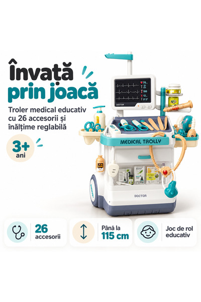 iTin Set medical de joaca pentru copii, 26 piese, troler, pat si monitor doct...