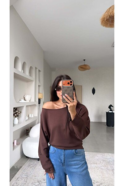Buket Teke Brown Off-Shoulder Modal Sweatshirt