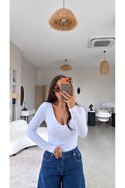 Buket Teke Beyaz V Yaka Polyamid Bodysuit