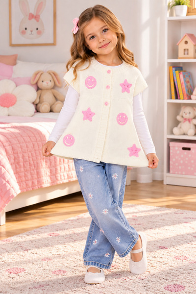 SERPİL Ss Giyim Girls' Ecru Knitted Vest – Stylish Children's Vest with Pink ...