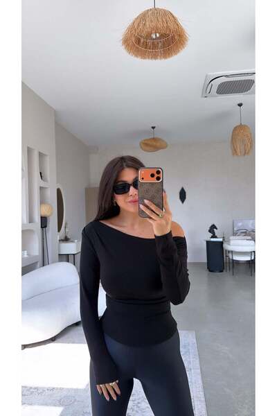 Buket Teke Black Premium Cotton Gathered Boat Neck Blouse