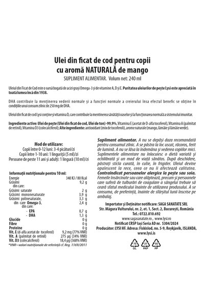 Lysi Ulei de ficat de cod pentru copii cu aromă de mango