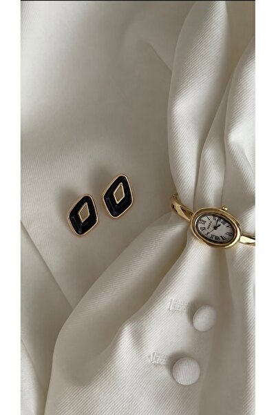 Lavian Accessories Cio Siyah Gold Detaylı Hafif Küpe