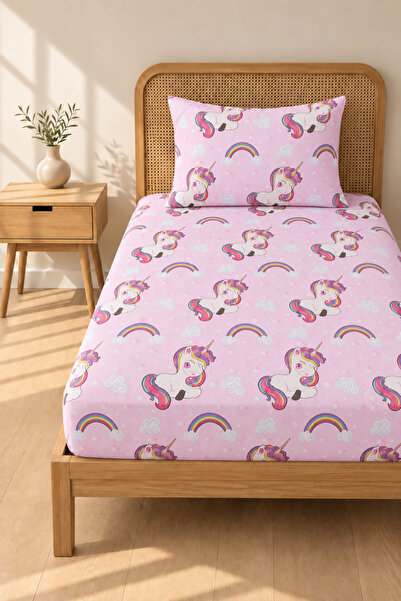 Boreas Home Unicorn Pink Patterned Single Elastic Sheet and Pillowcase Set 10...