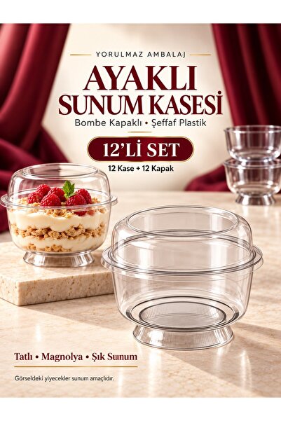 yorulmaz ambalaj Ayaklı Bombe Kapaklı Kase 12’li – Şeffaf Plastik Tatlı, Magnolya ve Puding Sunum Kabı