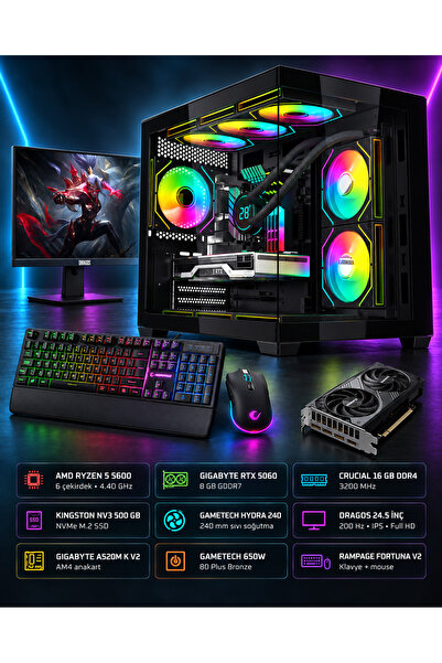 Oyun Bilgisayarı Ryzen 5 5600 RTX 5060 8GB 16GB RAM 500GB SSD 240mm Sıvı Soğutmalı 24.5" Monitörlü