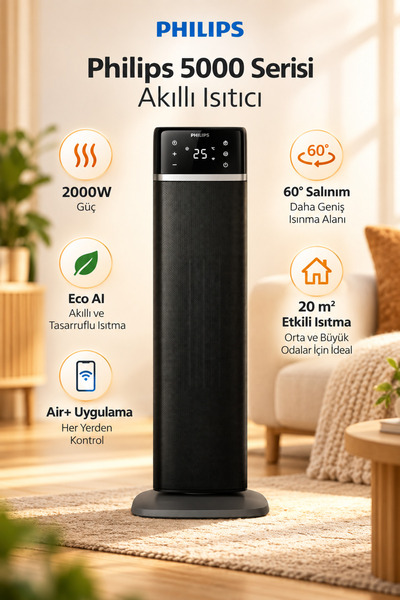 Philips Premium 5000 Serisi 2000W Akıllı Seramik Isıtıcı Eco AI Air+ 60° Salınım