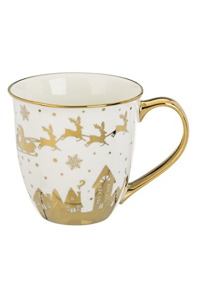 DD SHOP Cana ceramica de Craciun, alba cu modele folie aurie case si reni, ma...