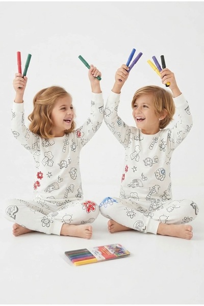 Üniseks Çocuk Pijama Takımı Boyanabilir Desenli %100 Pamuk Uzun Kollu Süprem