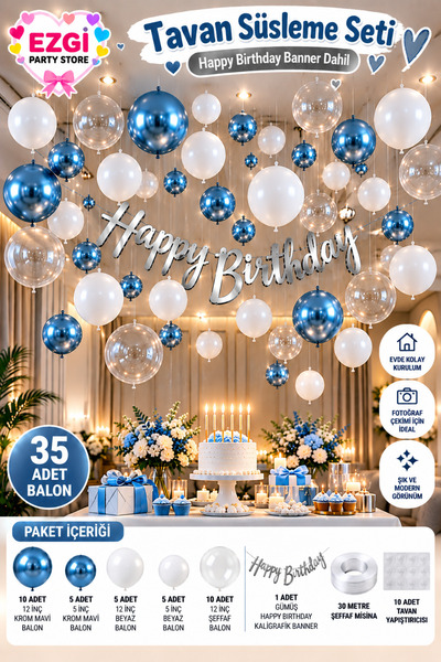Ezgi Party Store Doğum Günü Konsepti Krom Mavi Beyaz Tavan Balon Süsleme Seti...