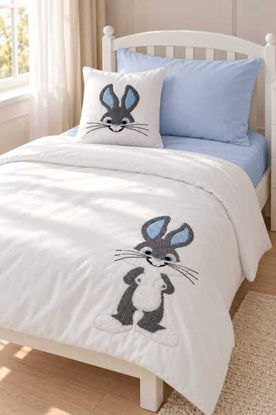İK TEKSTİL Rabbit Embroidered 100% Cotton 4-Piece Baby Duvet Cover Set