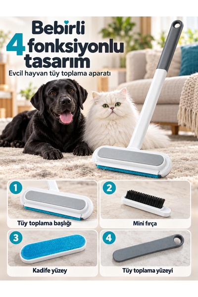 4 Fonksiyonlu Kedi Köpek Tüy Toplama Aparatı, 45 cm Uzun Saplı Yıkanabilir Tüy Temizleme Fırçası, Koltuk Halı Kanepe ve Kumaş İçin Tekrar Kullanılabilir Tüy Toplayıcı, Mini Fırça, Kadife Yüzey
