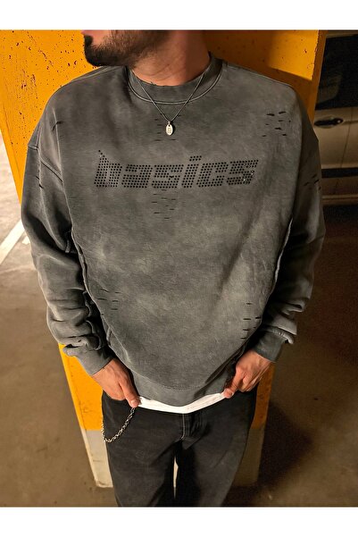 Genel Markalar Taşlı Yırtık Detaylı Oversize Sweatshirt