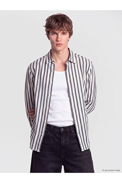 LC Waikiki Nevavm Farkıyla Xside Navy Blue Dobby Striped Standard & Regular M...