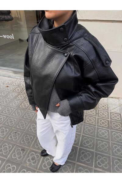 LADY SHOPPING AZELIA YSL & ZRA Dik Yaka Oversize Deri Ceket