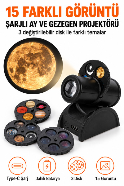 Ayers Şarjlı Ay ve Gezegen Projektörü, 3 Diskli 15 Görüntülü Yıldızlı Gökyüzü...