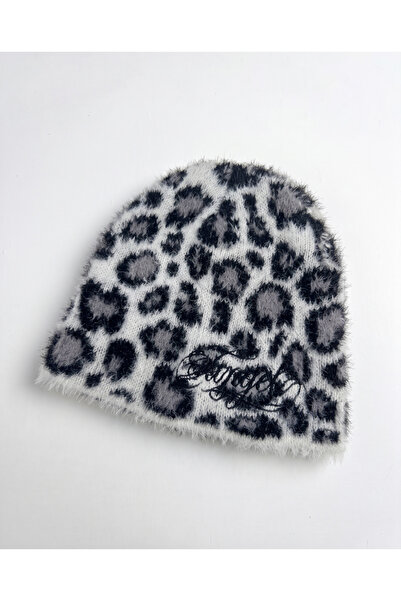 Hathub Club "angel" Nakışlı Leopar Desenli Y2K Peluş Bere