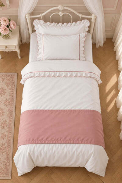 İK TEKSTİL Mirella 100% Cotton Ruffled Piping Runner 5-Piece Single Duvet Cover Set