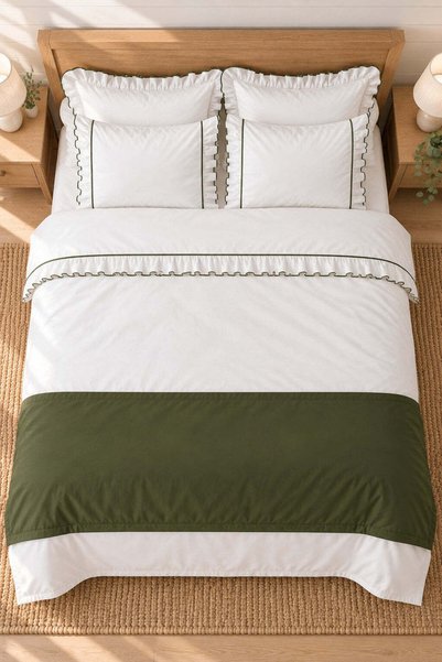İK TEKSTİL Mirella 100% Cotton Ruffled Green Piping Runner 7 Piece Double Duvet Cover Set