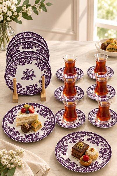 OLİAHOME 18 Parça 6 Kişilik Seramik Pasta ve Çay Seti – 6 Pasta Tabağı, 6 Çay...