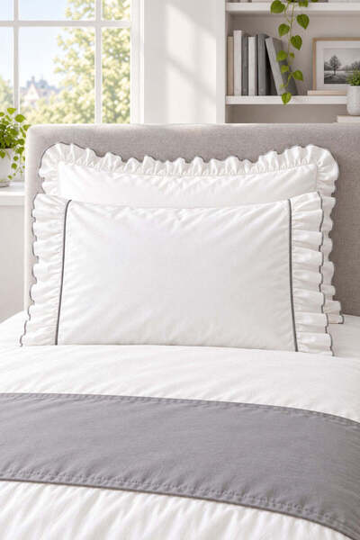 İK TEKSTİL Mirella 100% Cotton Ruffled Light Gray Piping Runner 5 Piece Single Duvet Cover Set