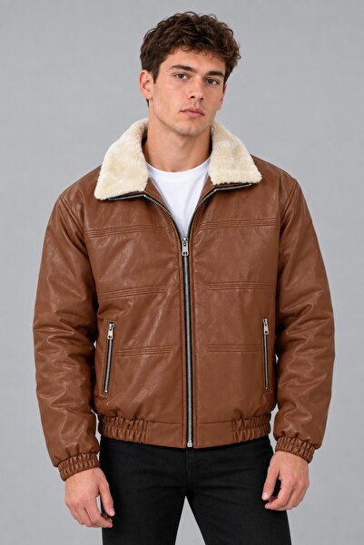Stilkombin Faux Leather Winter Coat with Fur Collar and Padding Kmd 894_50537